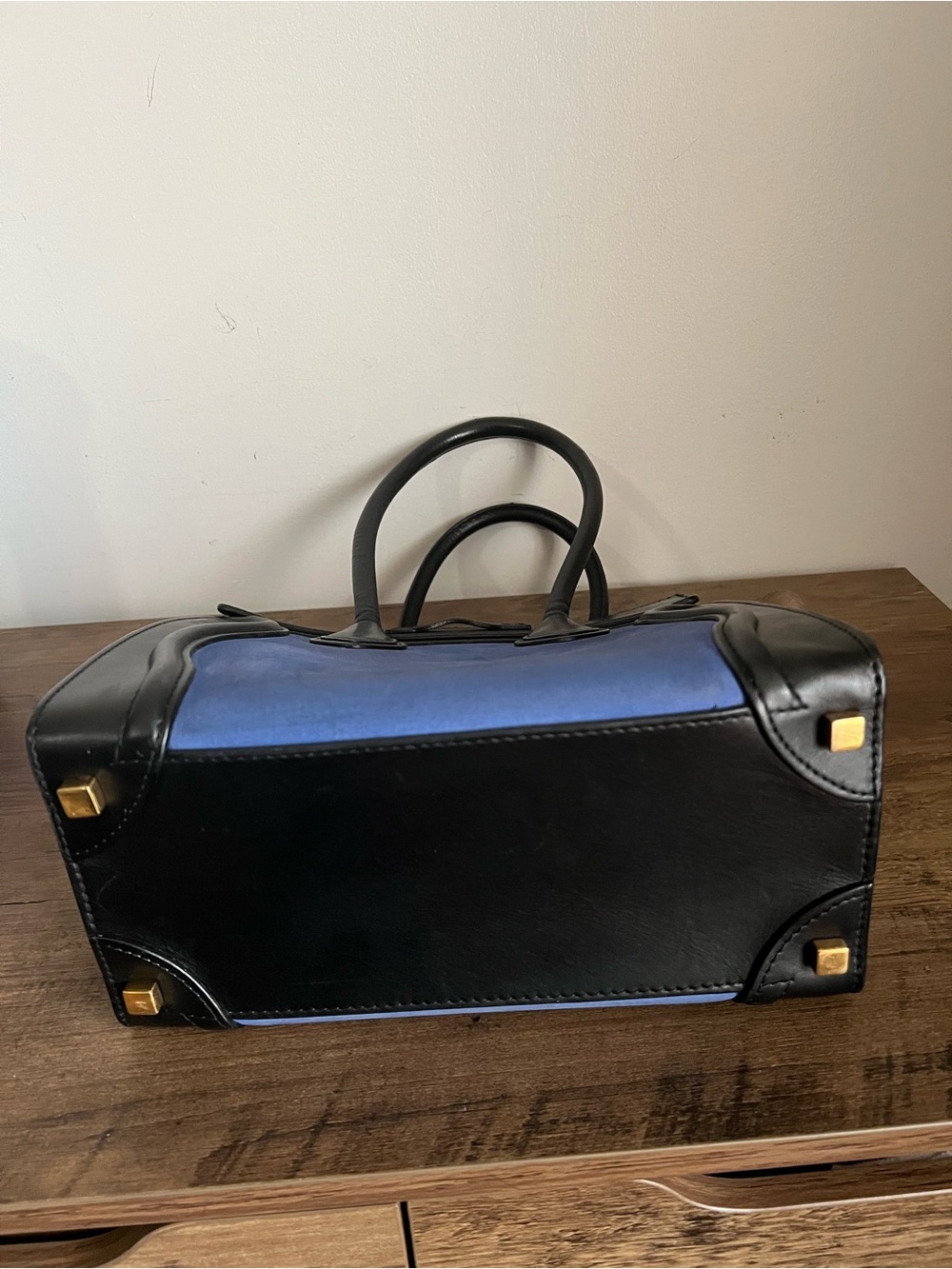Celine Blue Suede Micro Luggage Satchel with Black and Taupe colorblock - Picture 4 of 7